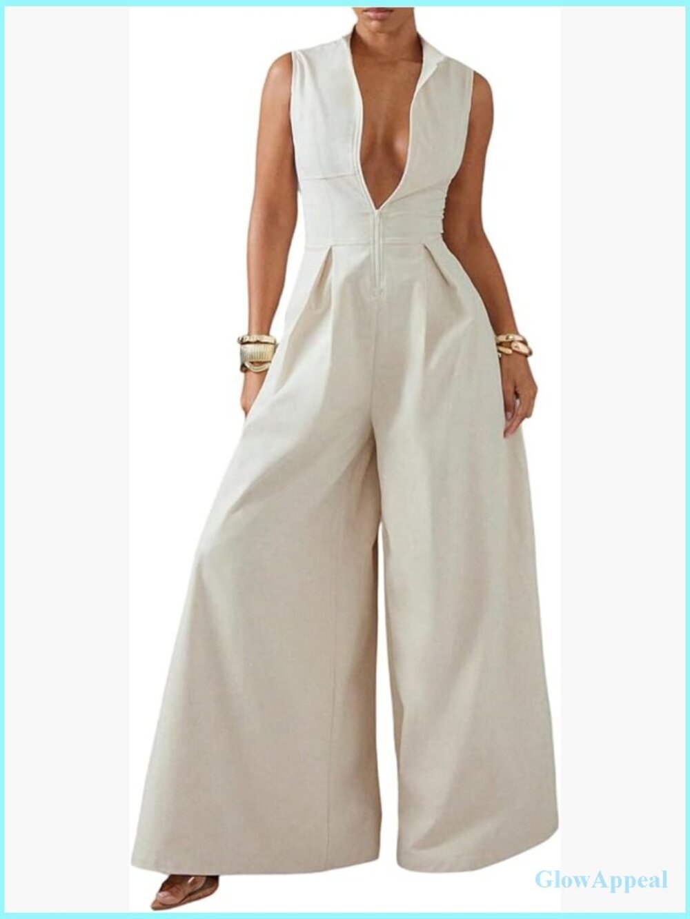 Zipper Front Wide Leg Jumpsuit Mock Neck Sleeveless Elegant Romper